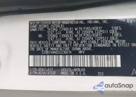 2005 Toyota Sequoia Limited V8 z USA, uszkodzony, nr VIN 5TDBT48A65S236614